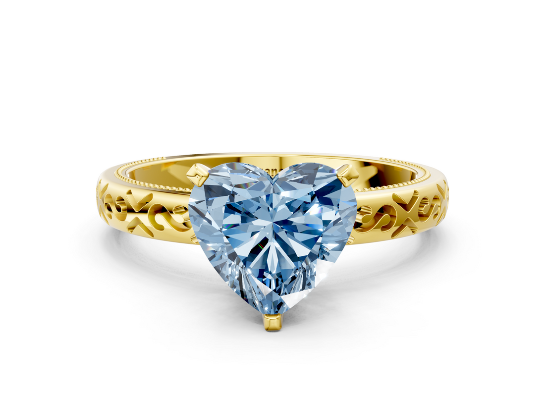 Yellow gold Fancy Blue Heart  Solitaire Engagement Ring with Scrollwork Band and Four-Prong Setting_116