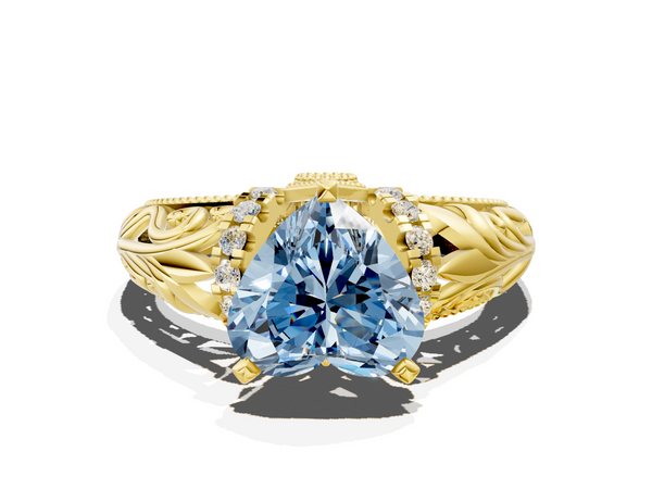 Yellow gold Fancy Blue Heart  Solitaire Filigree Engagement Ring with Halo and Prong Setting