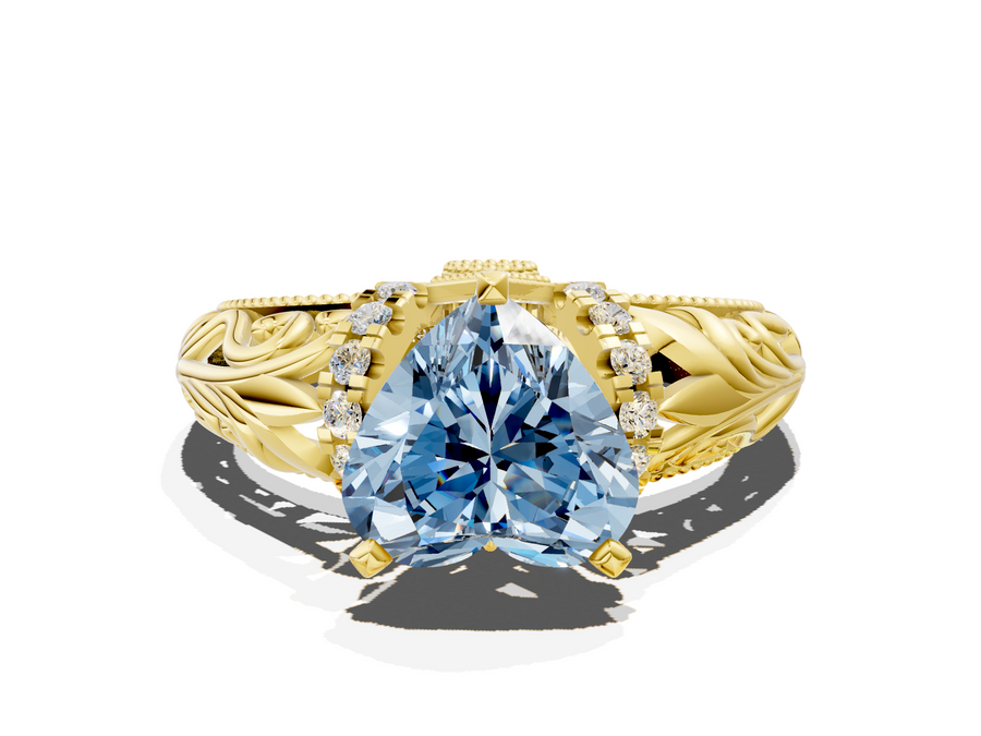 Yellow gold Fancy Blue Heart  Solitaire Filigree Engagement Ring with Halo and Prong Setting