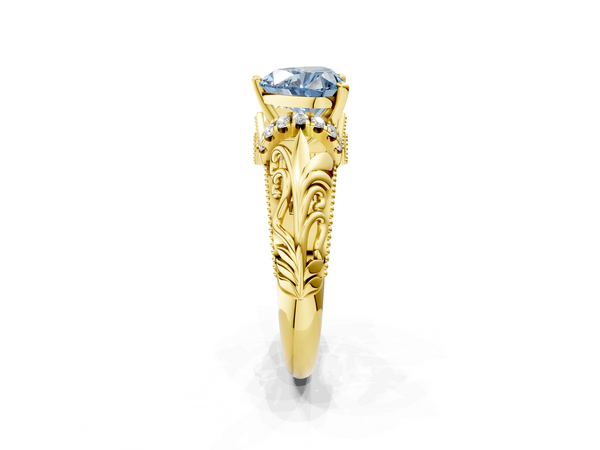 Yellow gold Fancy Blue Heart  Solitaire Filigree Engagement Ring with Halo and Prong Setting