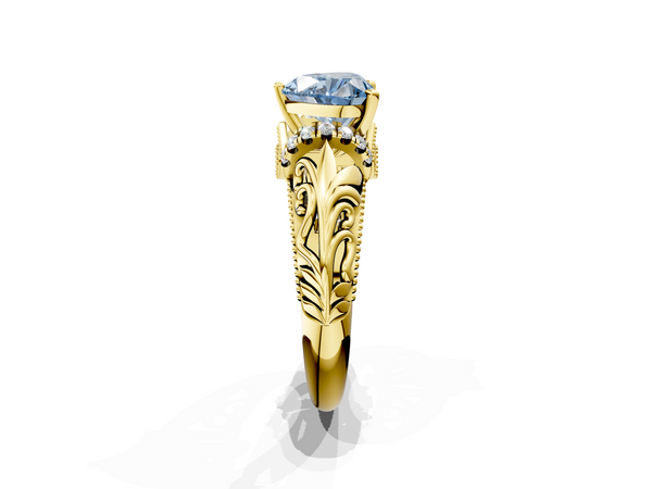 Yellow gold Fancy Blue Heart  Solitaire Filigree Engagement Ring with Halo and Prong Setting