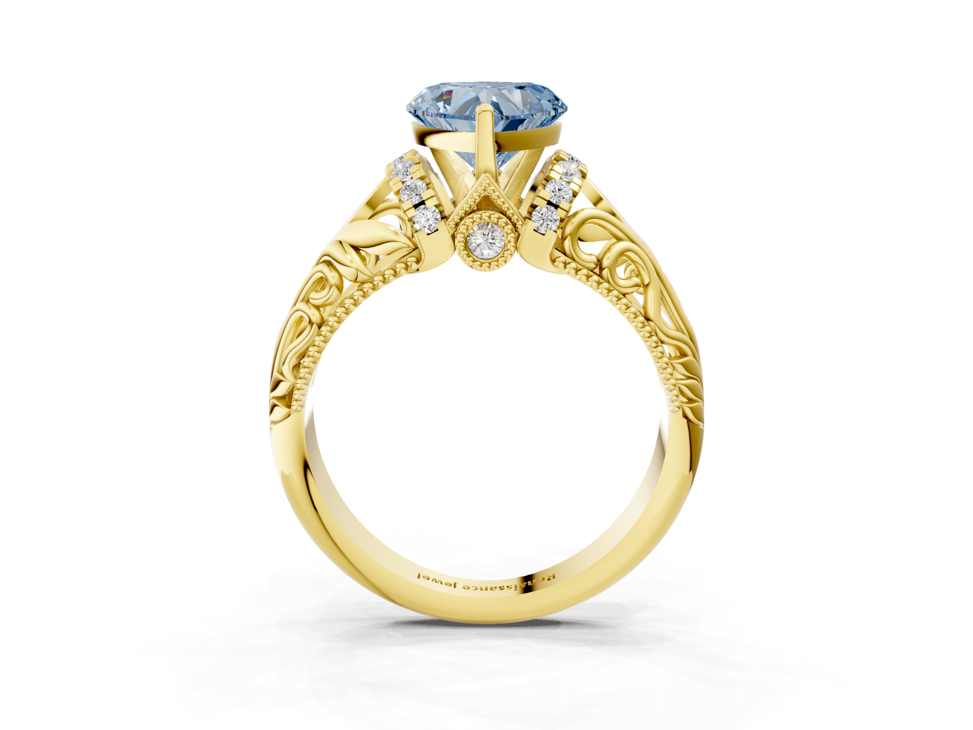 Yellow gold Fancy Blue Heart  Solitaire Filigree Engagement Ring with Halo and Prong Setting_72