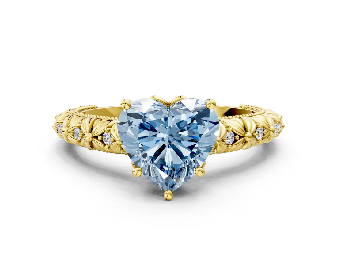 Yellow gold Fancy Blue Heart  Solitaire Floral Milgrain Engagement Ring_25