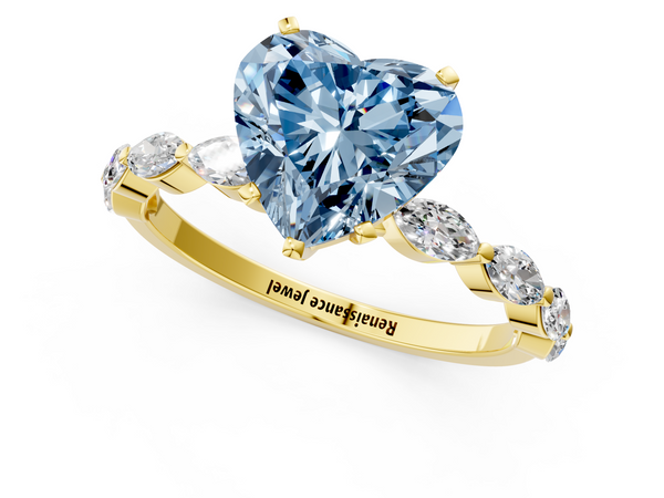 Yellow gold Fancy Blue Heart Cut Diamond Ring with Marquise Side Stones and Prong Setting