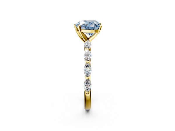 Yellow gold Fancy Blue Heart Cut Diamond Ring with Marquise Side Stones and Prong Setting