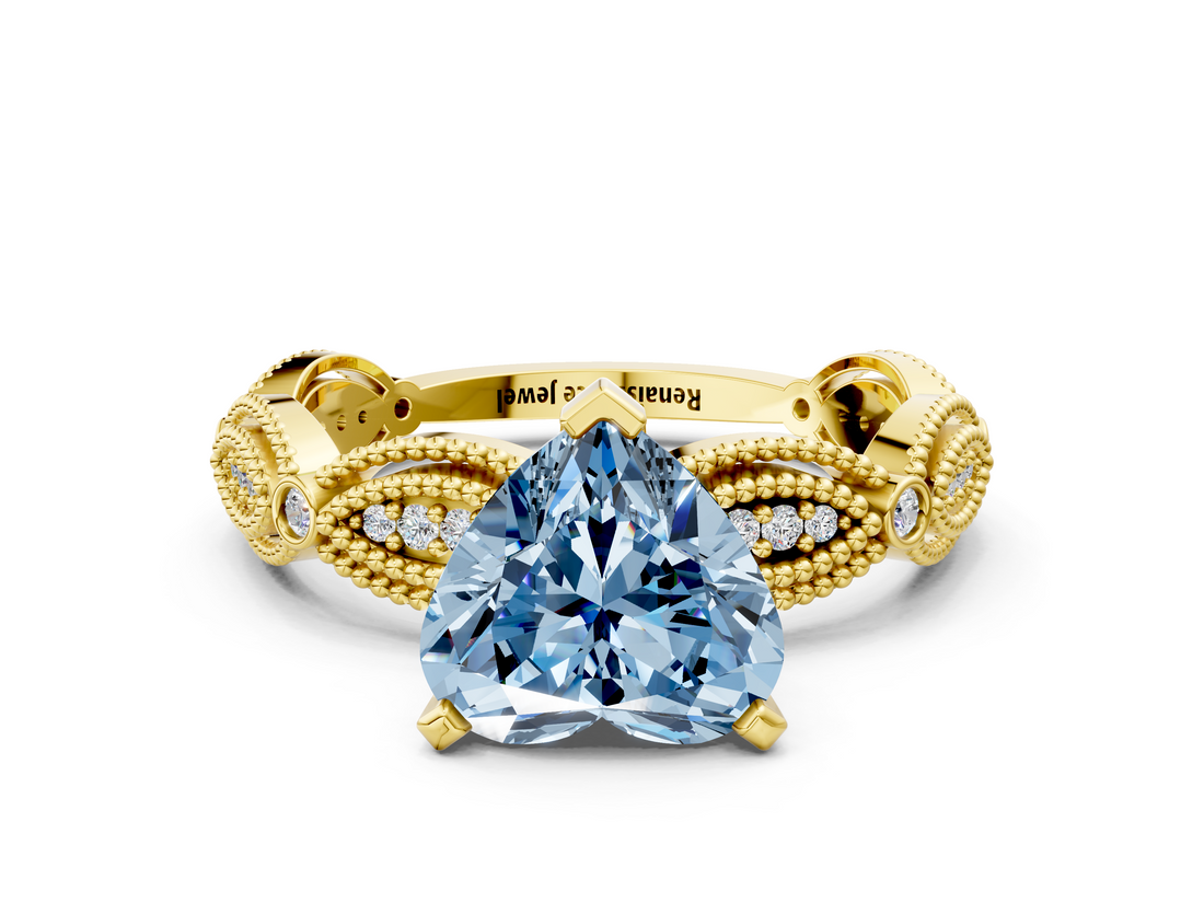 Yellow gold Fancy Blue Heart  Solitaire Milgrain Diamond Engagement Ring with Bezel and Marquise Band_126