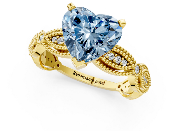 Yellow gold Fancy Blue Heart  Solitaire Milgrain Diamond Engagement Ring with Bezel and Marquise Band