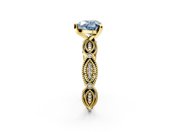 Yellow gold Fancy Blue Heart  Solitaire Milgrain Diamond Engagement Ring with Bezel and Marquise Band