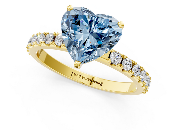 Yellow gold Fancy Blue Heart Cut Diamond Solitaire Pavé Band with Four-Prong Setting