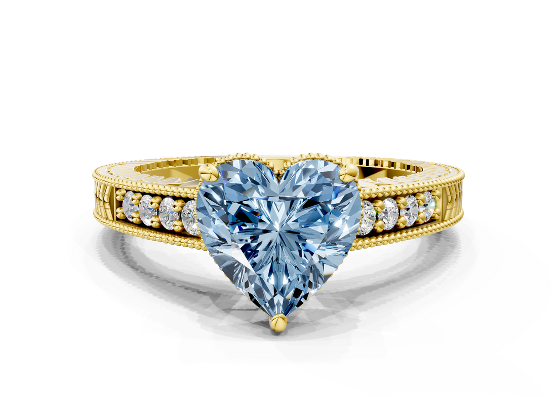 Yellow gold Fancy Blue Heart  Solitaire Pavé Diamond Milgrain Engagement Ring with Four-Prong Setting_3