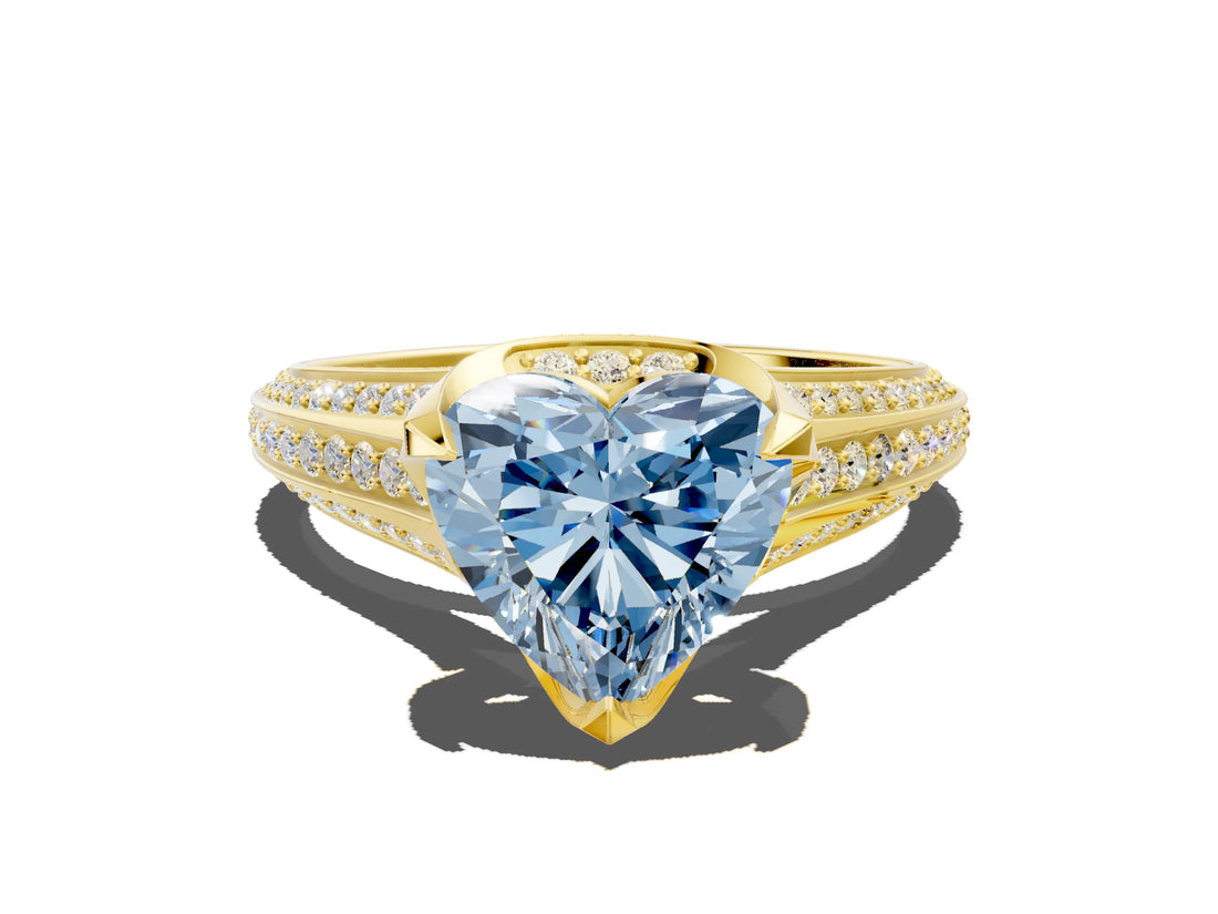 Yellow gold Fancy Blue Heart  Solitaire Pave Split Shank Ring with Four-Prong Setting_81