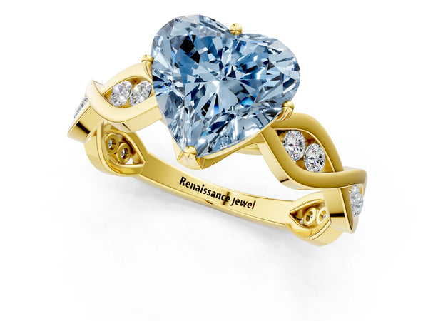 Yellow gold Fancy Blue Heart  Solitaire Twist Band with Leaf Prong Setting