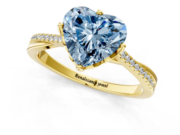 Yellow gold Fancy Blue Heart  Solitaire Twist Band with Pavé Diamonds and Four-Prong Setting