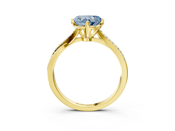 Yellow gold Fancy Blue Heart  Solitaire Twist Band with Pavé Diamonds and Four-Prong Setting