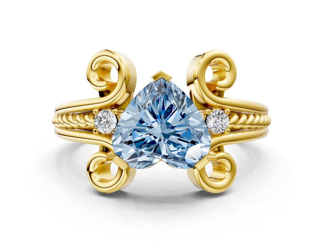 Yellow gold Fancy Blue Heart  Solitaire Twisted Band Scroll Prong Ring_3