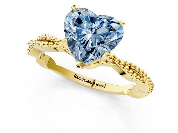 Yellow gold Fancy Blue Heart  Solitaire Twisted Band with Bead Prong Setting