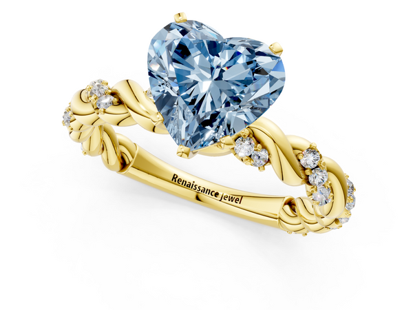 Yellow gold Fancy Blue Heart Cut Diamond Solitaire Ring with Twisted Band and Pavé Accents