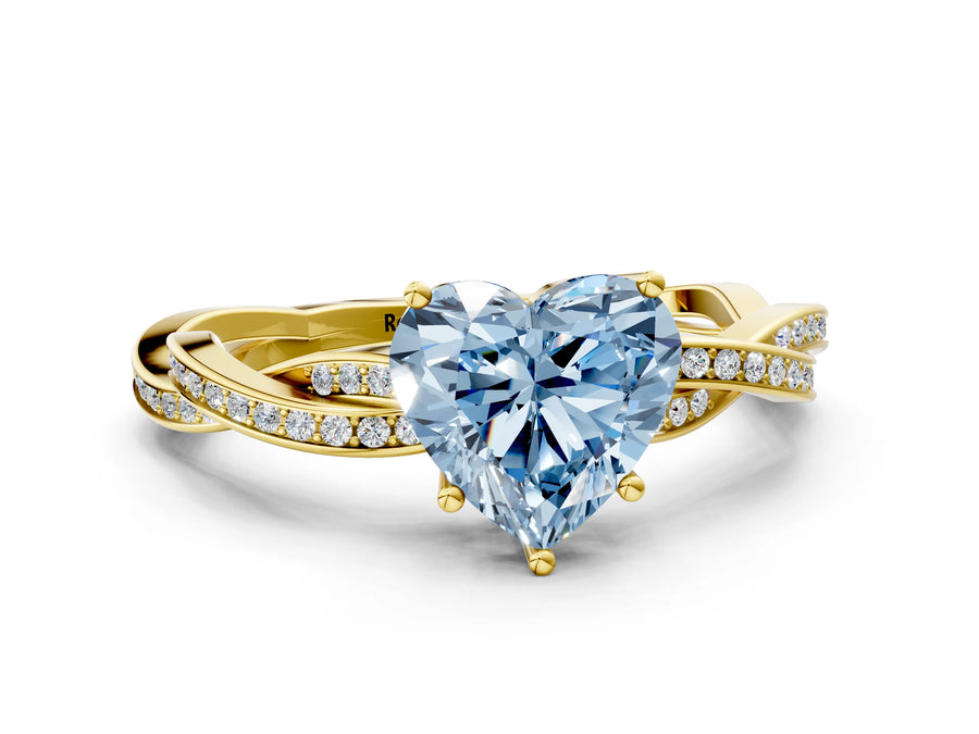 Yellow gold Fancy Blue Heart  Solitaire Twisted Pave Diamond Ring with Four-Prong Setting