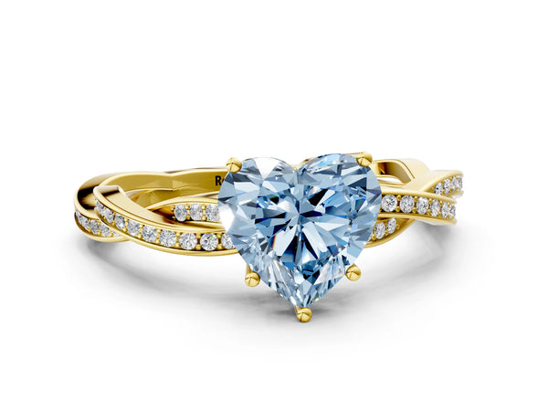 Yellow gold Fancy Blue Heart  Solitaire Twisted Pave Diamond Ring with Four-Prong Setting