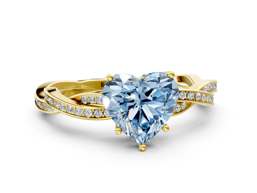 Yellow gold Fancy Blue Heart  Solitaire Twisted Pave Diamond Ring with Four-Prong Setting
