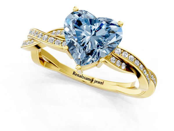 Yellow gold Fancy Blue Heart  Solitaire Twisted Pave Diamond Ring with Four-Prong Setting