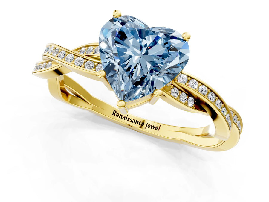 Yellow gold Fancy Blue Heart  Solitaire Twisted Pave Diamond Ring with Four-Prong Setting