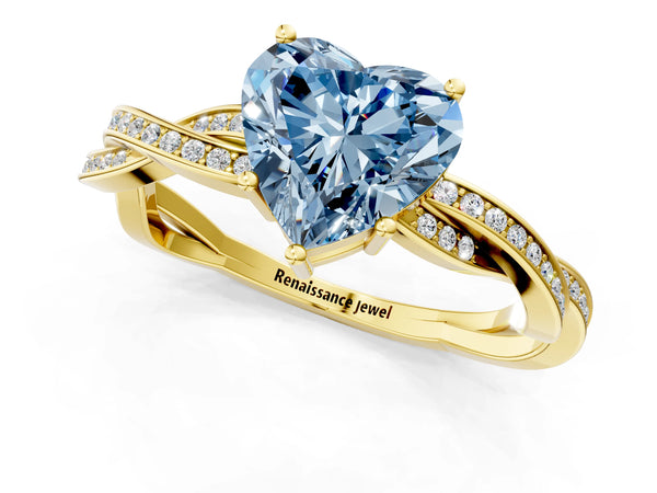 Yellow gold Fancy Blue Heart  Solitaire Twisted Pave Diamond Ring with Four-Prong Setting