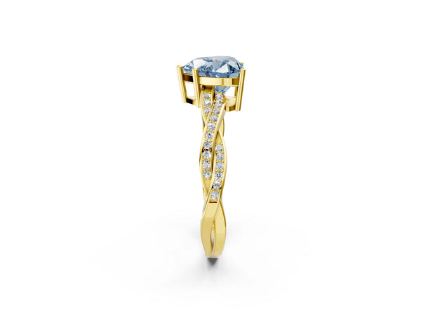 Yellow gold Fancy Blue Heart  Solitaire Twisted Pave Diamond Ring with Four-Prong Setting