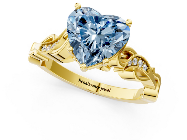 Yellow gold Fancy Blue Heart  Solitaire Vine Band with Milgrain Prong Setting