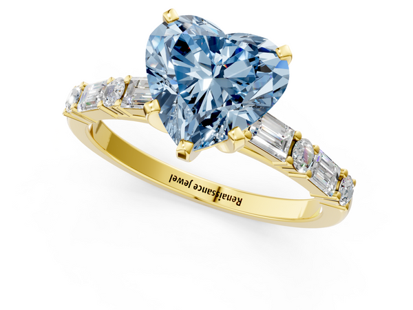 Yellow gold Fancy Blue Heart Cut Diamond Solitaire with Side Baguettes and Channel Set Band