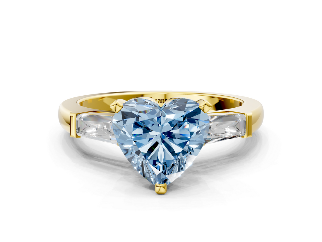 Yellow gold Fancy Blue Heart  Solitaire with Tapered Baguette Side Stones on a Classic Band with Four-Prong Setting_76