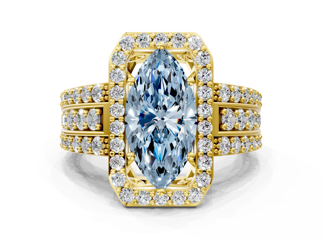 Yellow gold Fancy Blue Marquise -Cut Halo Diamond Ring with Split Shank and Four-Prong Setting_69