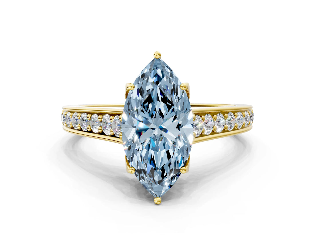 Yellow gold Fancy Blue Marquise  Brilliant Cut Diamond Engagement Ring with Pavé Band and Four-Prong Setting_48