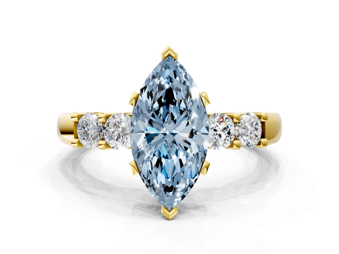 Yellow gold Fancy Blue Marquise  Brilliant Cut Diamond Five-Stone Prong Set Engagement Ring with Channel Band_3