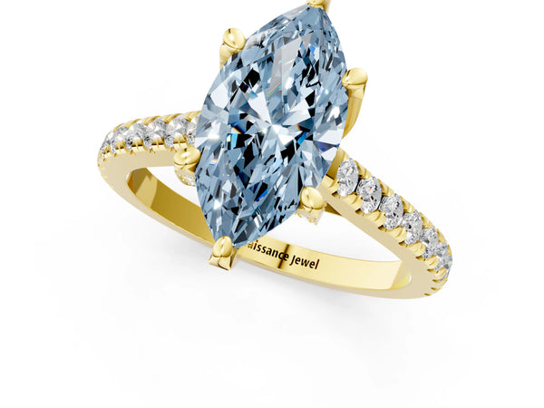 Yellow gold Fancy Blue Marquise  Brilliant Diamond Solitaire with Pavé Band and Four-Prong Setting