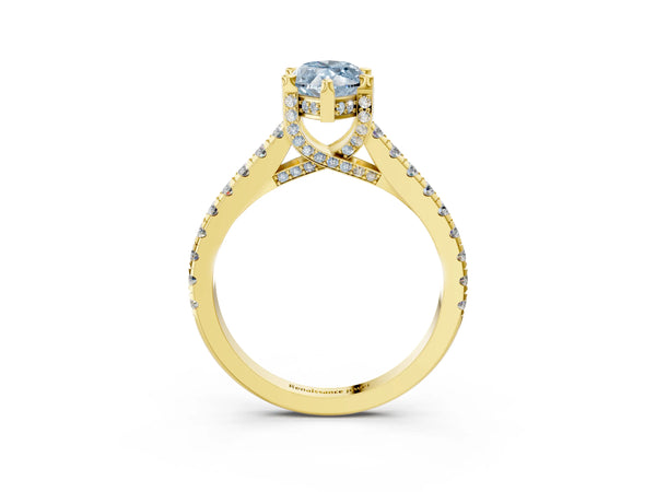 Yellow gold Fancy Blue Marquise  Brilliant Diamond Solitaire with Pavé Band and Four-Prong Setting