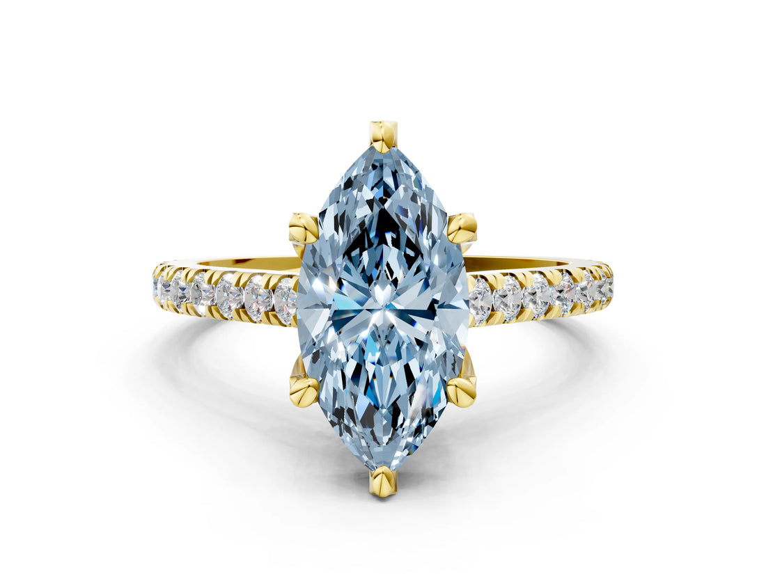 Yellow gold Fancy Blue Marquise  Brilliant Diamond Solitaire with Pavé Band and Four-Prong Setting