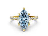 Yellow gold Fancy Blue Marquise  Brilliant Diamond Solitaire with Pavé Band and Four-Prong Setting