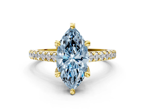 Yellow gold Fancy Blue Marquise  Brilliant Diamond Solitaire with Pavé Band and Four-Prong Setting