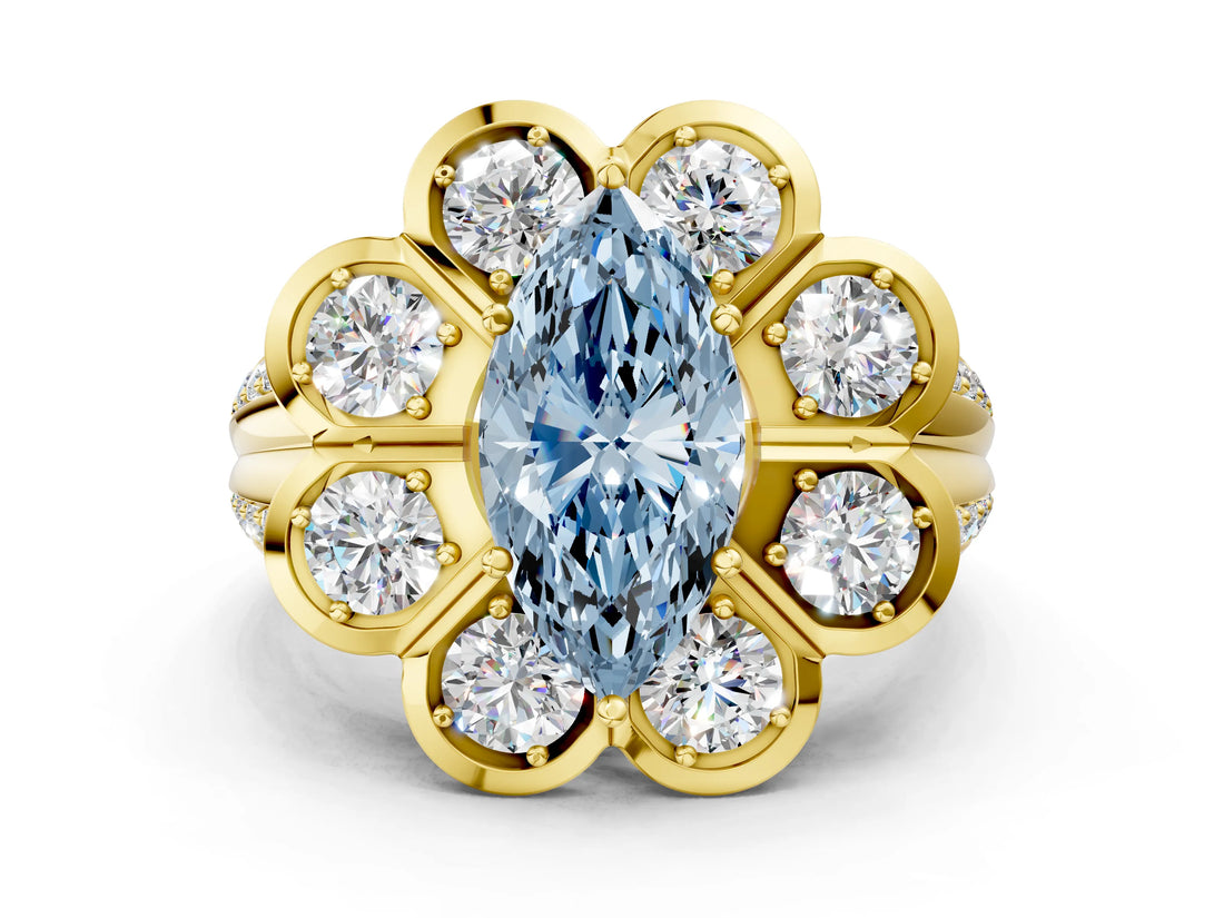Yellow gold Fancy Blue Marquise  Brilliant Flower Halo Diamond Split Shank Ring_51