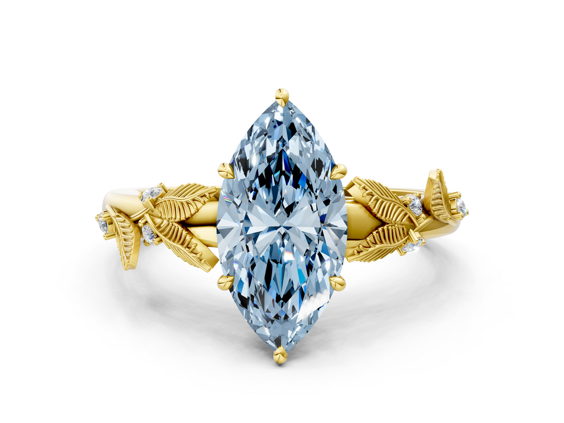 Yellow gold Fancy Blue Marquise  Brilliant Solitaire with Leaf Motif Band and Four-Prong Setting_66