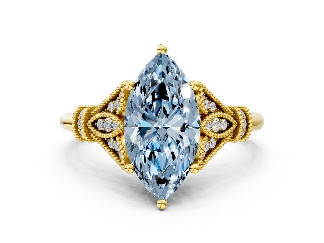 Yellow gold Fancy Blue Marquise  Brilliant Solitaire with Pave Band and Four-Prong Setting_20