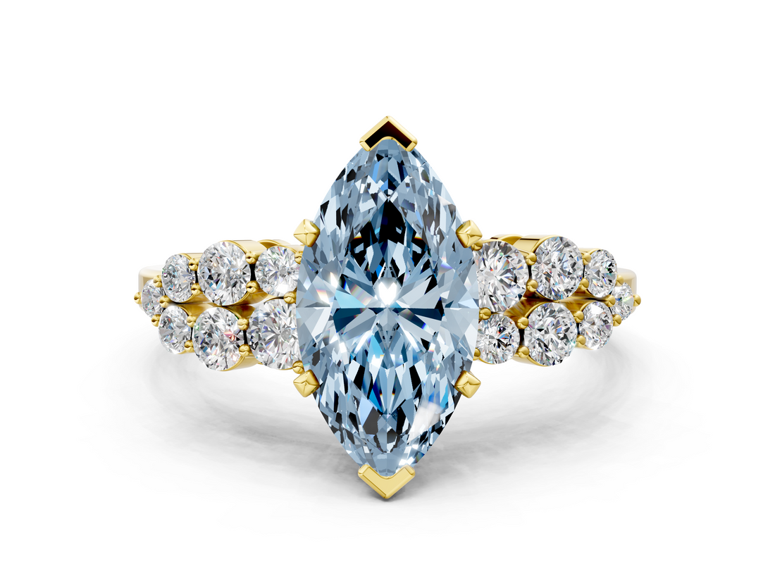 Yellow gold Fancy Blue Marquise  Cluster Diamond Engagement Ring with Pavé Band and Four-Prong Setting_63