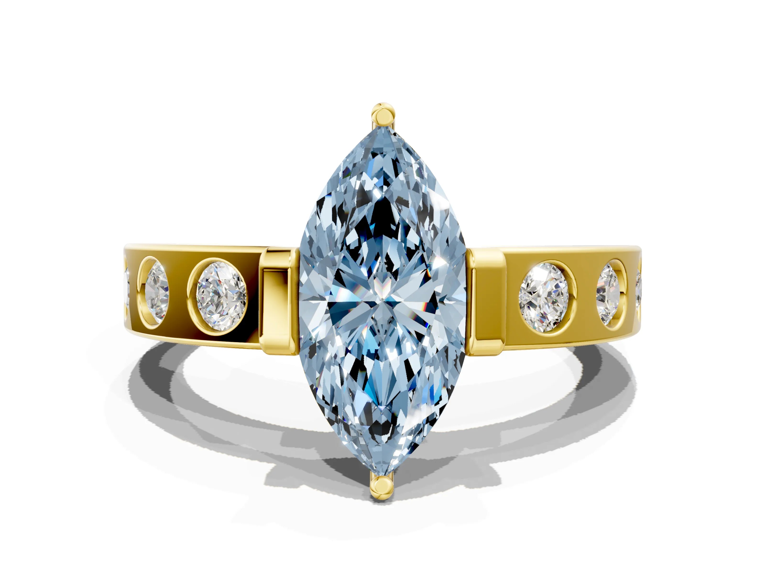 Yellow gold Fancy Blue Marquise Cut Brilliant Channel-Set Diamond Ring with Bezel Prong Setting