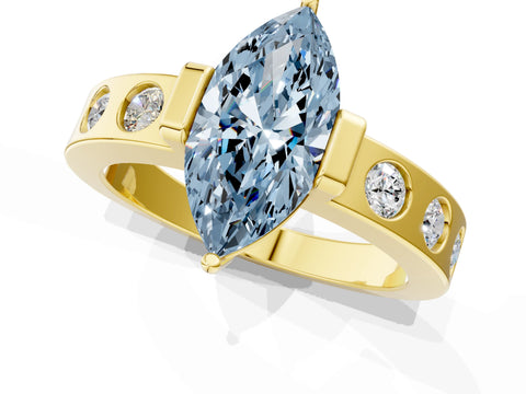 Yellow gold Fancy Blue Marquise Cut Brilliant Channel-Set Diamond Ring with Bezel Prong Setting_1