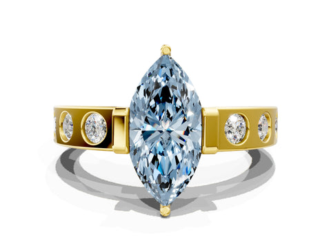 Yellow gold Fancy Blue Marquise Cut Brilliant Channel-Set Diamond Ring with Bezel Prong Setting