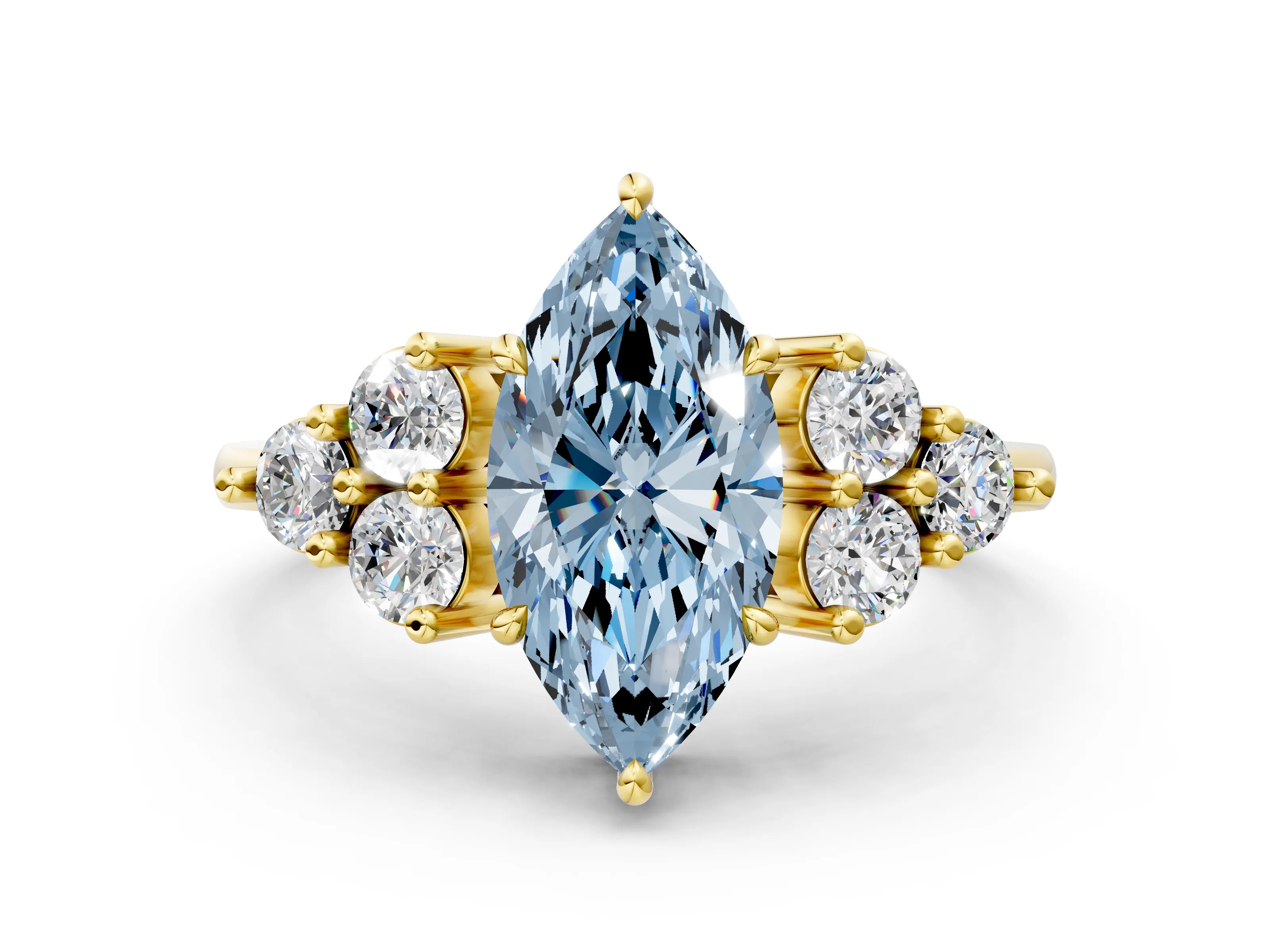 Yellow gold Fancy Blue Marquise Cut Brilliant Diamond Cluster Accent Solitaire Ring with Prong Setting
