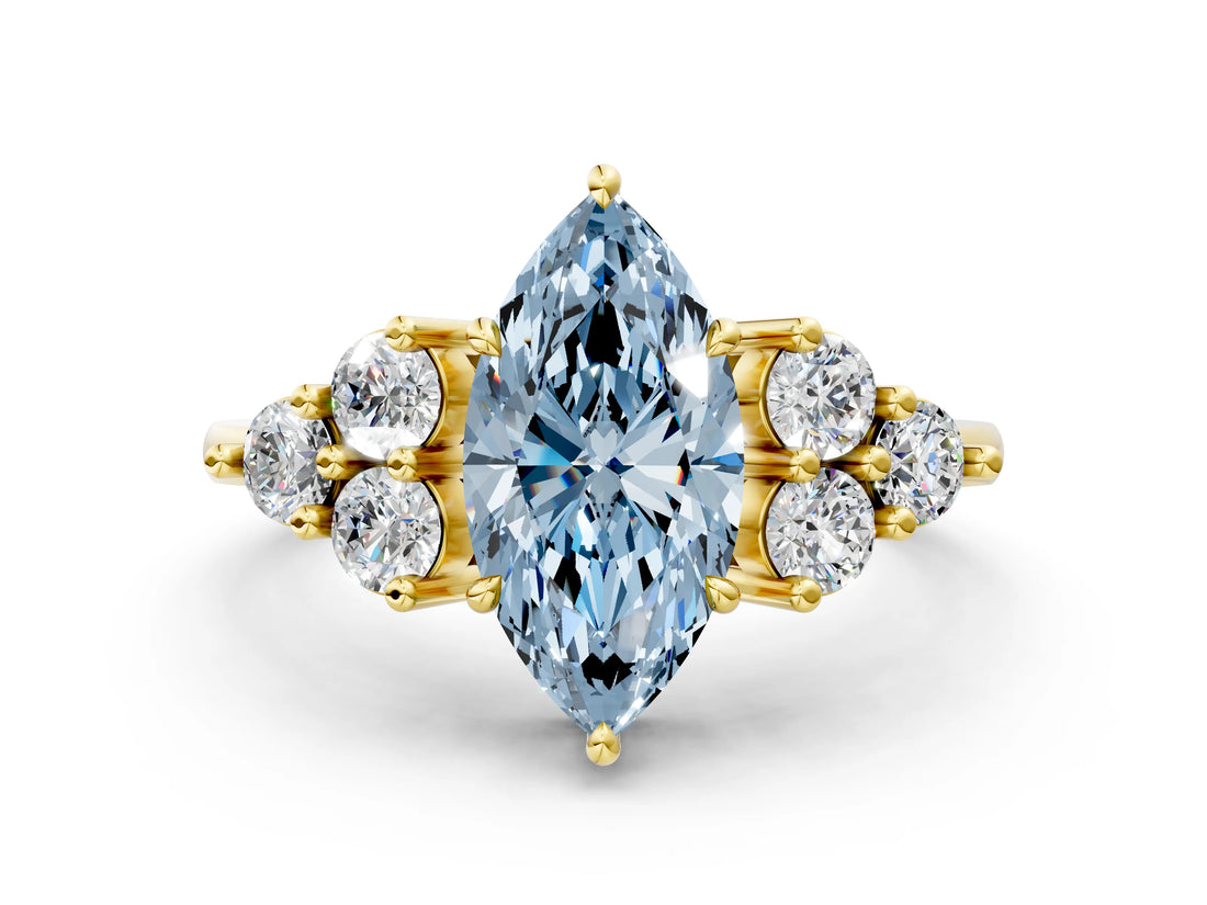 Yellow gold Fancy Blue Marquise Cut Brilliant Diamond Cluster Accent Solitaire Ring with Prong Setting
