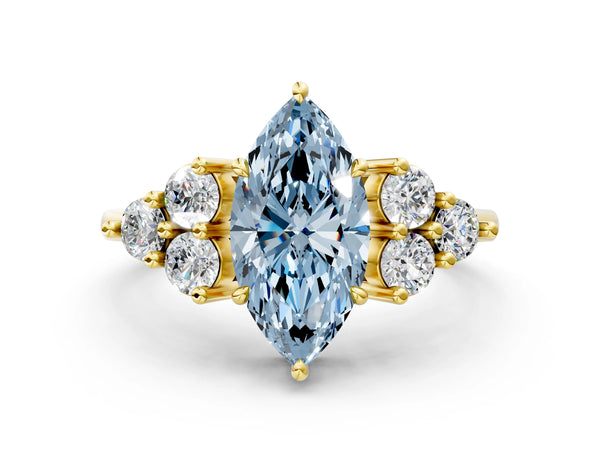 Yellow gold Fancy Blue Marquise Cut Brilliant Diamond Cluster Accent Solitaire Ring with Prong Setting