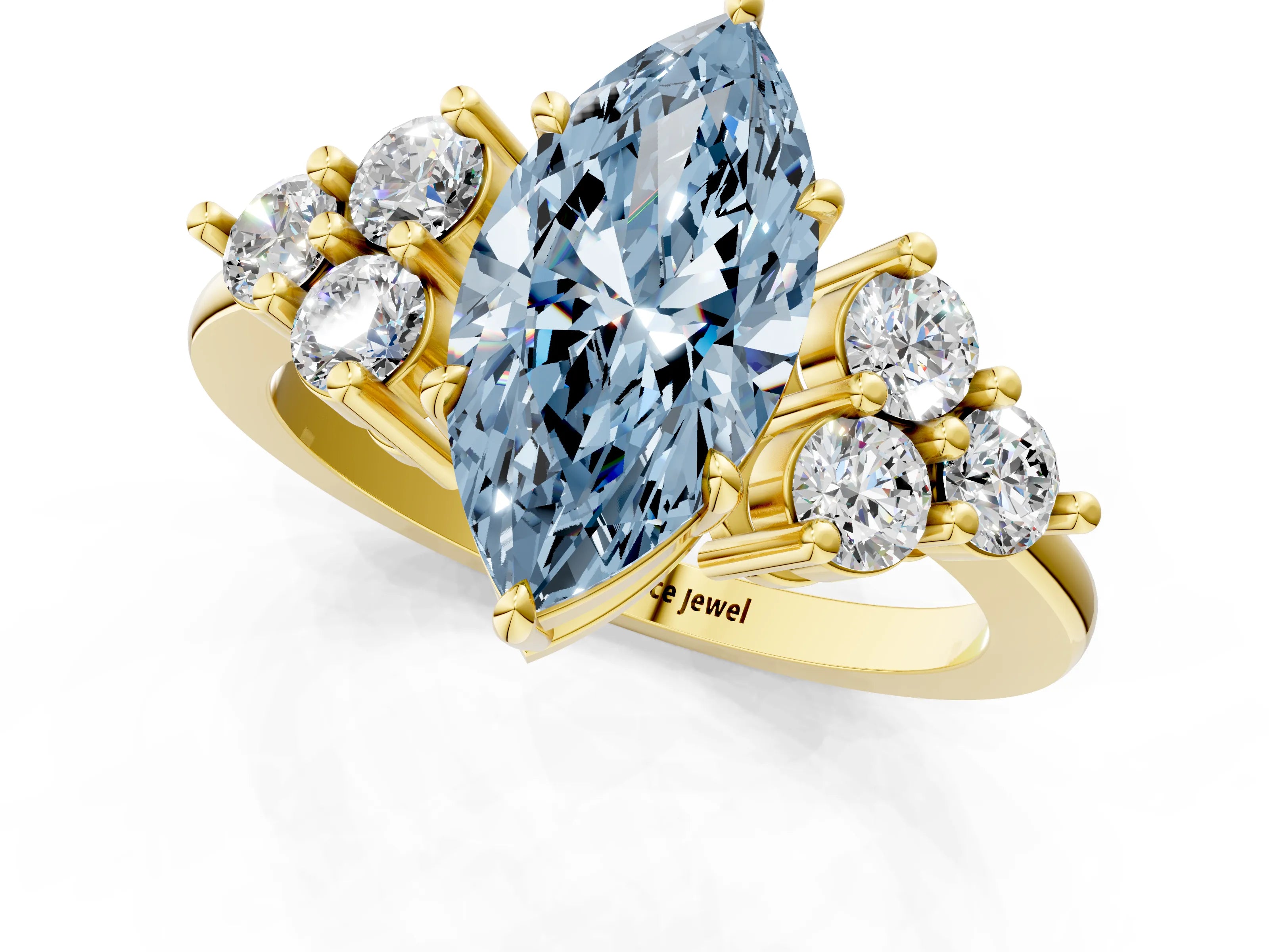 Yellow gold Fancy Blue Marquise Cut Brilliant Diamond Cluster Accent Solitaire Ring with Prong Setting_1